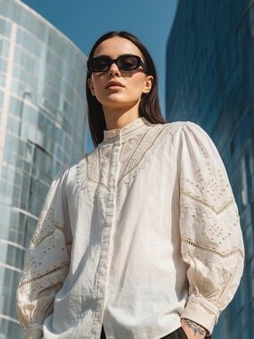 Kobi Halperin Skylar Embroidered Cream Lace-Trim Puff Sleeve Blouse Size XL